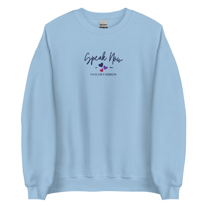 Light Blue crewneck Taylor Swift “Speak Now” sweatshirt featuring elegant scripted logo inspired by the Speak Now album era, cozy unisex fan merch perfect for Swifties and everyday wear