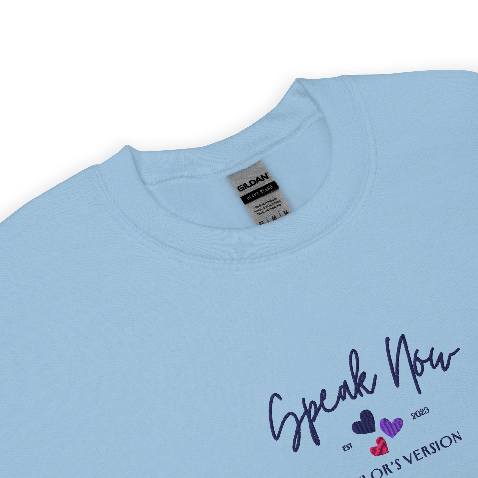Light Blue crewneck Taylor Swift “Speak Now” sweatshirt featuring elegant scripted logo inspired by the Speak Now album era, cozy unisex fan merch perfect for Swifties and everyday wear