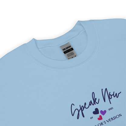 Light Blue crewneck Taylor Swift “Speak Now” sweatshirt featuring elegant scripted logo inspired by the Speak Now album era, cozy unisex fan merch perfect for Swifties and everyday wear