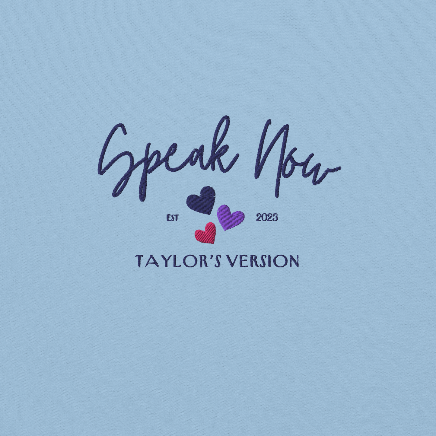 Light Blue crewneck Taylor Swift “Speak Now” sweatshirt featuring elegant scripted logo inspired by the Speak Now album era, cozy unisex fan merch perfect for Swifties and everyday wear