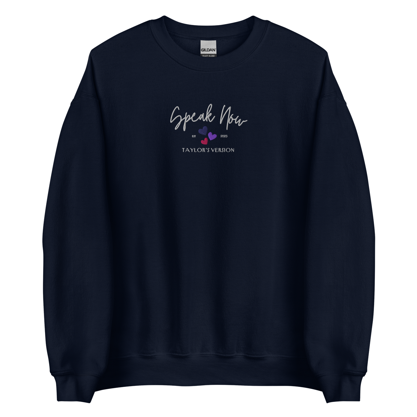 Navy crewneck Taylor Swift “Speak Now” sweatshirt featuring elegant scripted logo inspired by the Speak Now album era, cozy unisex fan merch perfect for Swifties and everyday wear