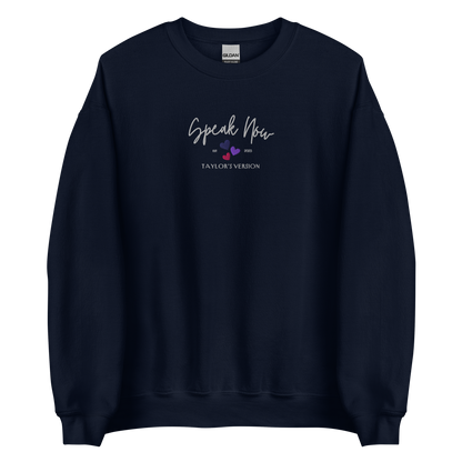 Navy crewneck Taylor Swift “Speak Now” sweatshirt featuring elegant scripted logo inspired by the Speak Now album era, cozy unisex fan merch perfect for Swifties and everyday wear