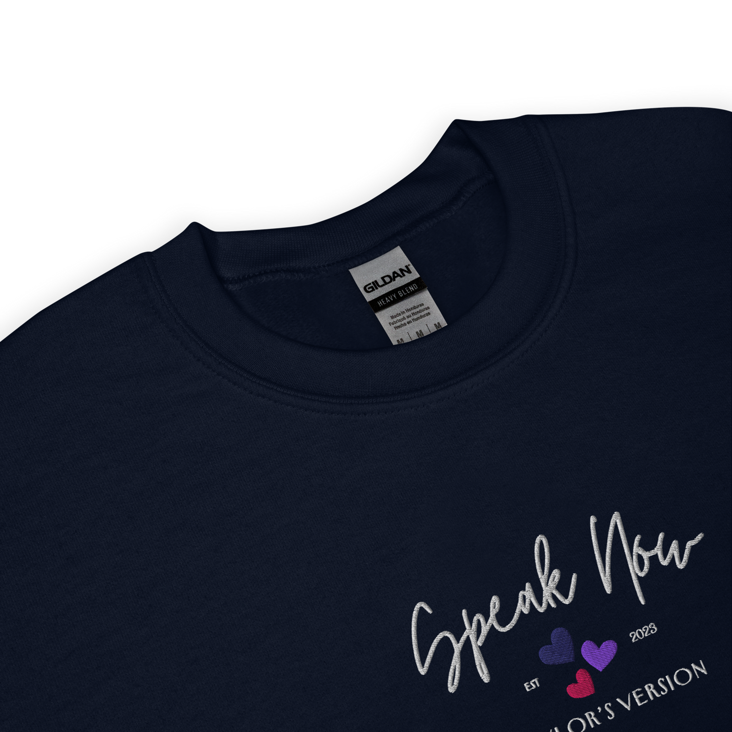 Navy crewneck Taylor Swift “Speak Now” sweatshirt featuring elegant scripted logo inspired by the Speak Now album era, cozy unisex fan merch perfect for Swifties and everyday wear