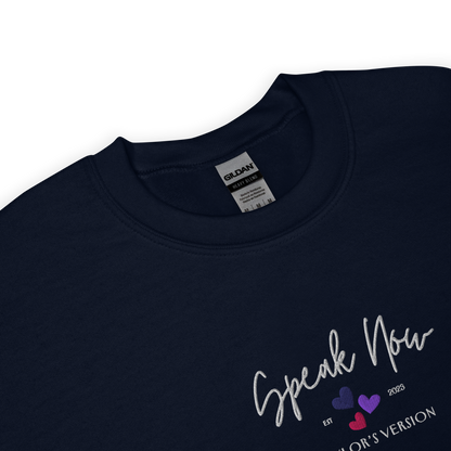 Navy crewneck Taylor Swift “Speak Now” sweatshirt featuring elegant scripted logo inspired by the Speak Now album era, cozy unisex fan merch perfect for Swifties and everyday wear