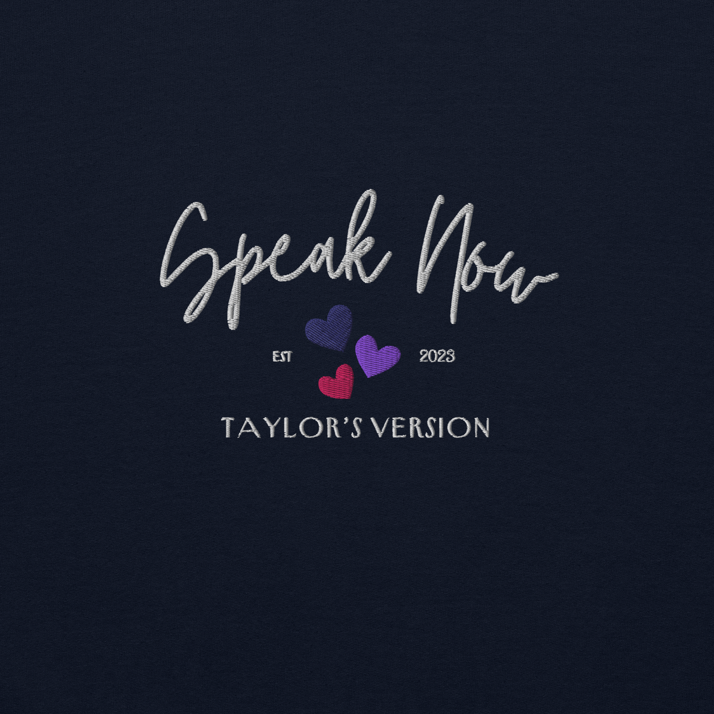 Navy crewneck Taylor Swift “Speak Now” sweatshirt featuring elegant scripted logo inspired by the Speak Now album era, cozy unisex fan merch perfect for Swifties and everyday wear