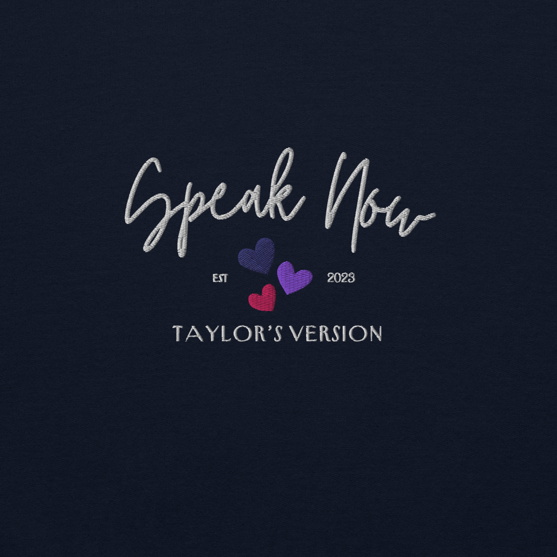 Navy crewneck Taylor Swift “Speak Now” sweatshirt featuring elegant scripted logo inspired by the Speak Now album era, cozy unisex fan merch perfect for Swifties and everyday wear
