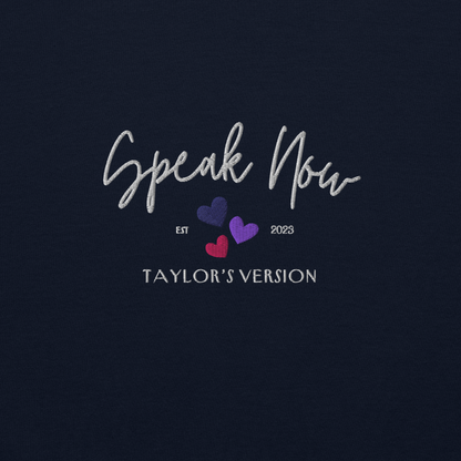 Navy crewneck Taylor Swift “Speak Now” sweatshirt featuring elegant scripted logo inspired by the Speak Now album era, cozy unisex fan merch perfect for Swifties and everyday wear