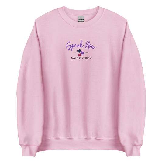 Pink crewneck Taylor Swift “Speak Now” sweatshirt featuring elegant scripted logo inspired by the Speak Now album era, cozy unisex fan merch perfect for Swifties and everyday wear