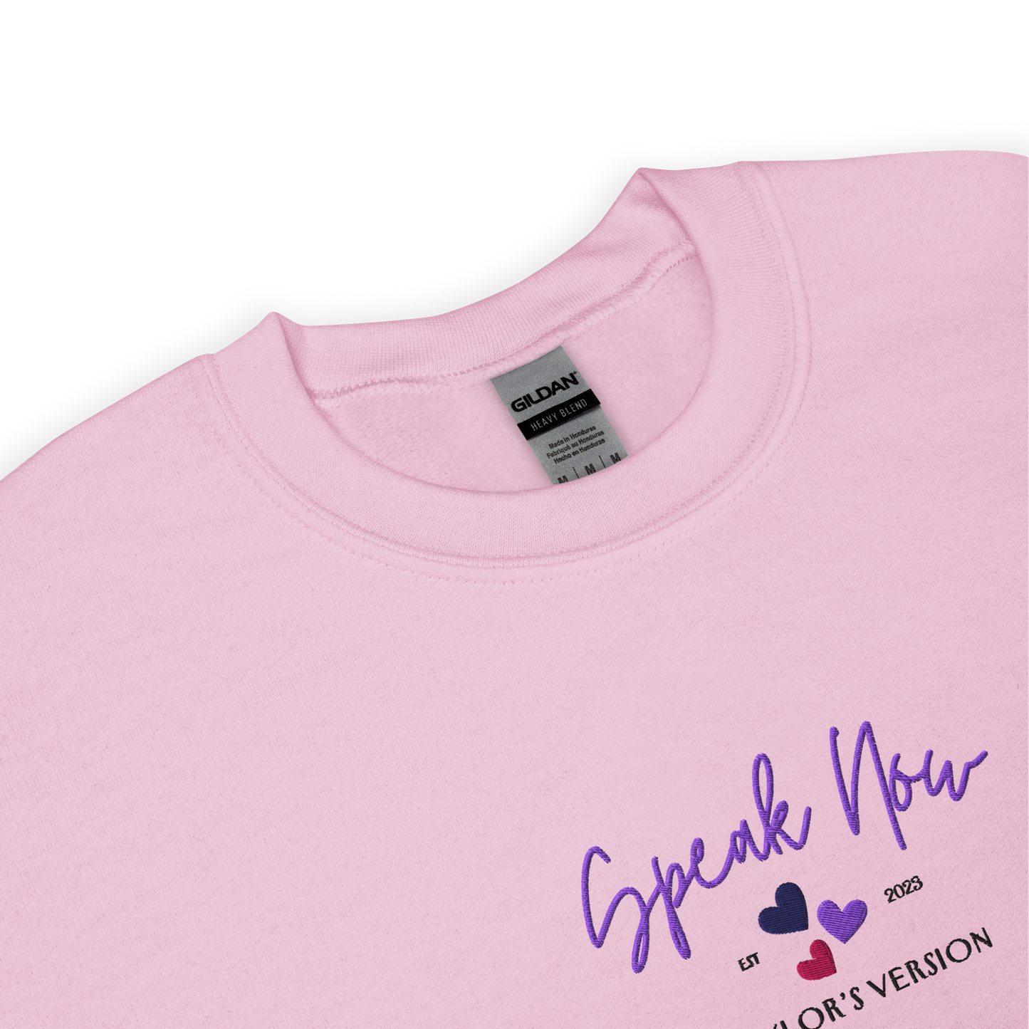 Pink crewneck Taylor Swift “Speak Now” sweatshirt featuring elegant scripted logo inspired by the Speak Now album era, cozy unisex fan merch perfect for Swifties and everyday wear