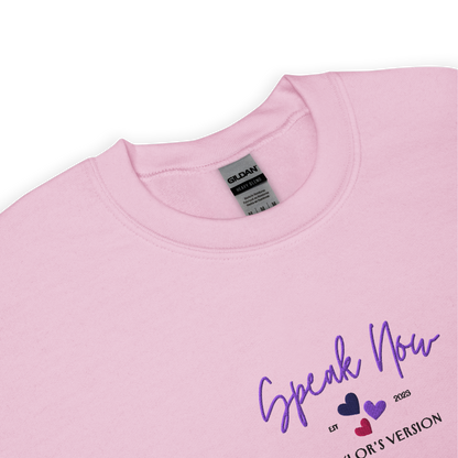 Pink crewneck Taylor Swift “Speak Now” sweatshirt featuring elegant scripted logo inspired by the Speak Now album era, cozy unisex fan merch perfect for Swifties and everyday wear