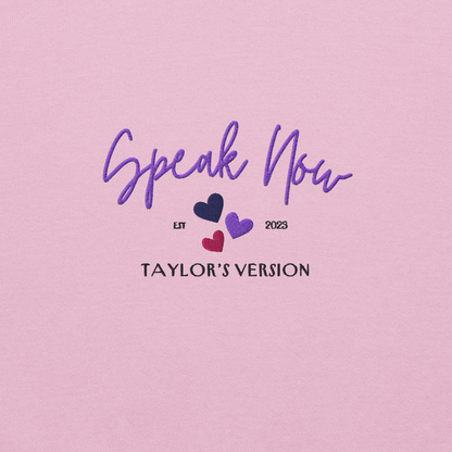 Pink crewneck Taylor Swift “Speak Now” sweatshirt featuring elegant scripted logo inspired by the Speak Now album era, cozy unisex fan merch perfect for Swifties and everyday wear