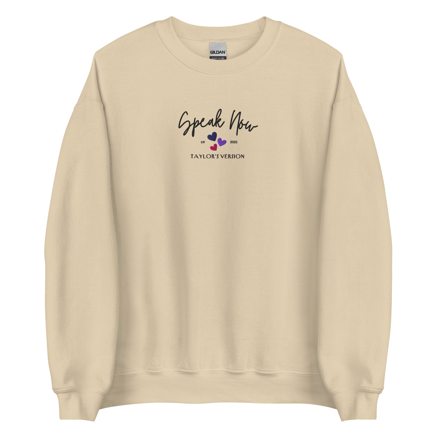 Sand crewneck Taylor Swift “Speak Now” sweatshirt featuring elegant scripted logo inspired by the Speak Now album era, cozy unisex fan merch perfect for Swifties and everyday wear