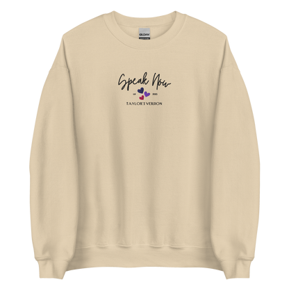 Sand crewneck Taylor Swift “Speak Now” sweatshirt featuring elegant scripted logo inspired by the Speak Now album era, cozy unisex fan merch perfect for Swifties and everyday wear