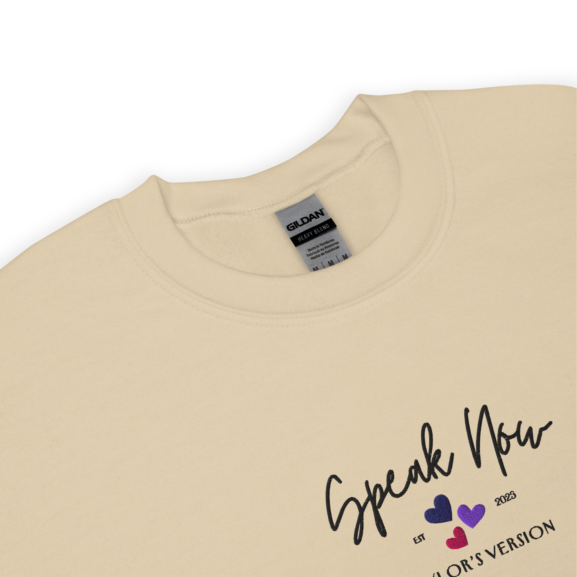 Sand crewneck Taylor Swift “Speak Now” sweatshirt featuring elegant scripted logo inspired by the Speak Now album era, cozy unisex fan merch perfect for Swifties and everyday wear