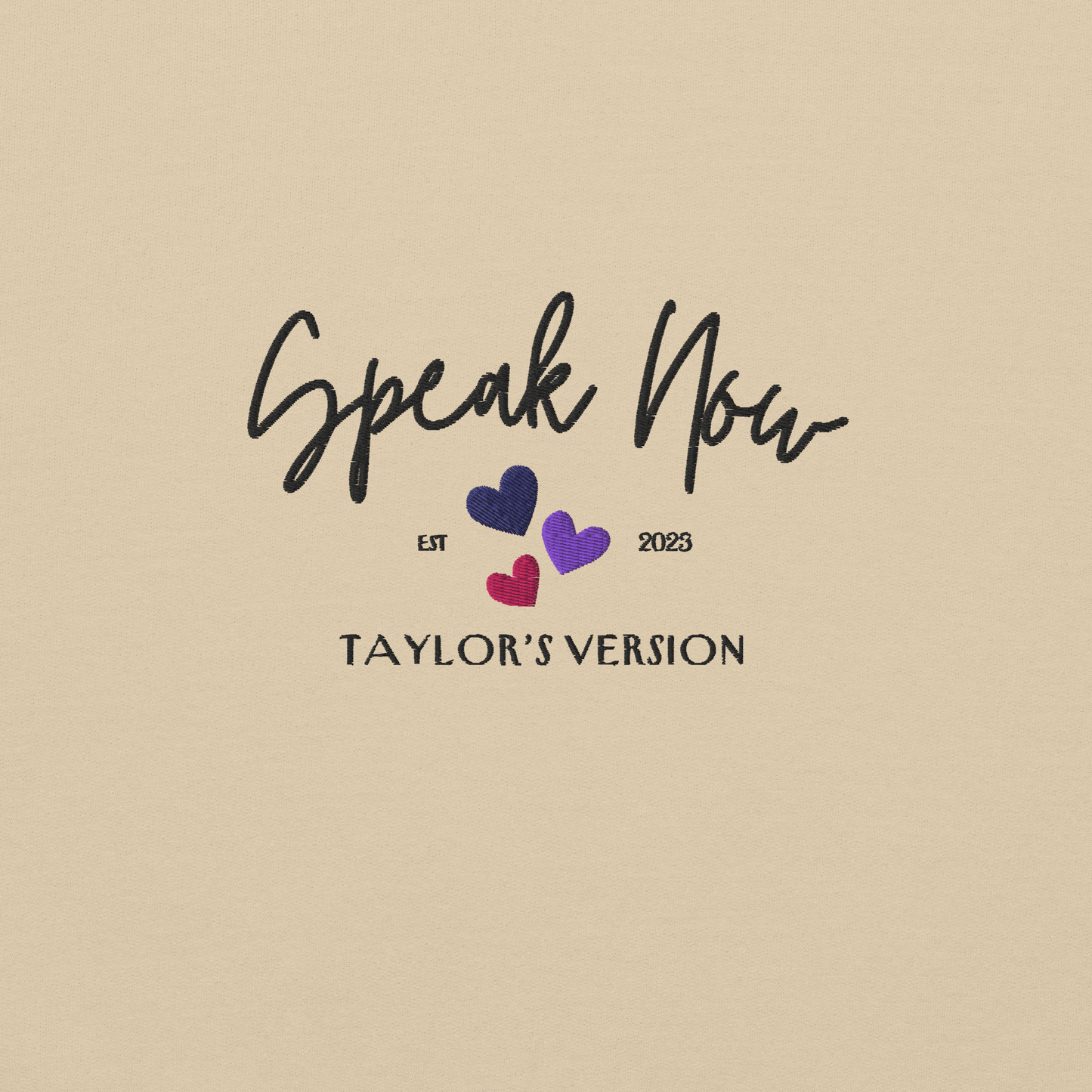 Sand crewneck Taylor Swift “Speak Now” sweatshirt featuring elegant scripted logo inspired by the Speak Now album era, cozy unisex fan merch perfect for Swifties and everyday wear