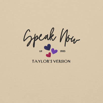 Sand crewneck Taylor Swift “Speak Now” sweatshirt featuring elegant scripted logo inspired by the Speak Now album era, cozy unisex fan merch perfect for Swifties and everyday wear