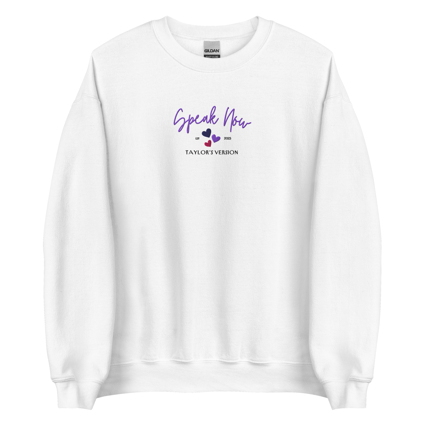 White crewneck Taylor Swift “Speak Now” sweatshirt featuring elegant scripted logo inspired by the Speak Now album era, cozy unisex fan merch perfect for Swifties and everyday wear