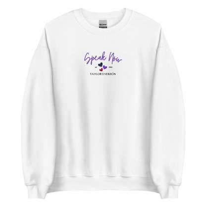 White crewneck Taylor Swift “Speak Now” sweatshirt featuring elegant scripted logo inspired by the Speak Now album era, cozy unisex fan merch perfect for Swifties and everyday wear