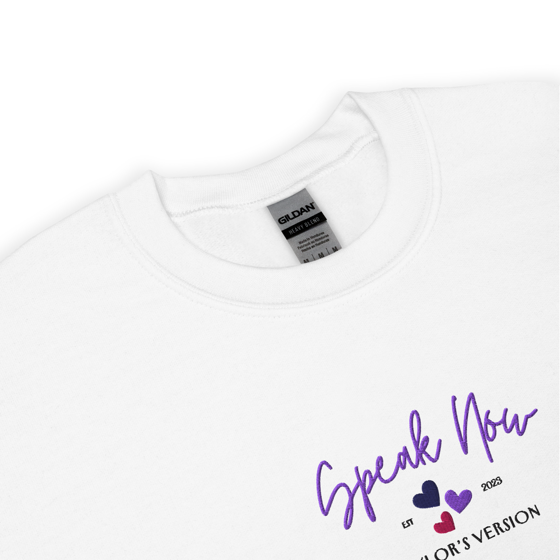 White crewneck Taylor Swift “Speak Now” sweatshirt featuring elegant scripted logo inspired by the Speak Now album era, cozy unisex fan merch perfect for Swifties and everyday wear