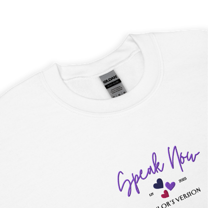 White crewneck Taylor Swift “Speak Now” sweatshirt featuring elegant scripted logo inspired by the Speak Now album era, cozy unisex fan merch perfect for Swifties and everyday wear