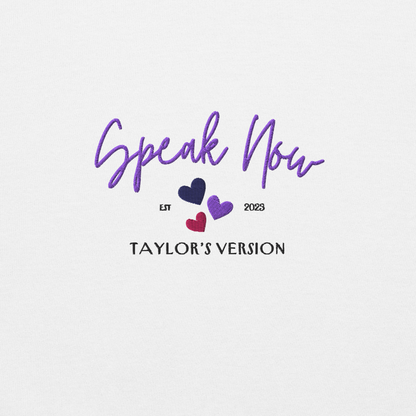 White crewneck Taylor Swift “Speak Now” sweatshirt featuring elegant scripted logo inspired by the Speak Now album era, cozy unisex fan merch perfect for Swifties and everyday wear