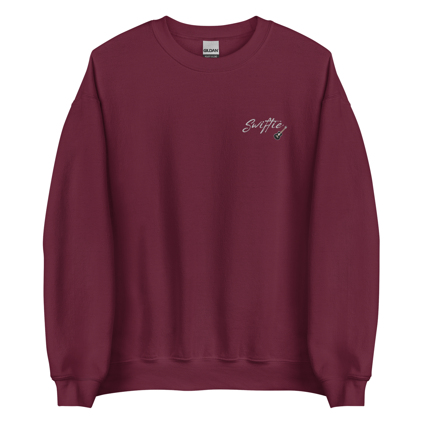 Maroon crewneck sweatshirt with white “Swiftie” script and small guitar graphic on the chest, Taylor Swift inspired fan merch, cozy unisex pullover for concerts and everyday wear