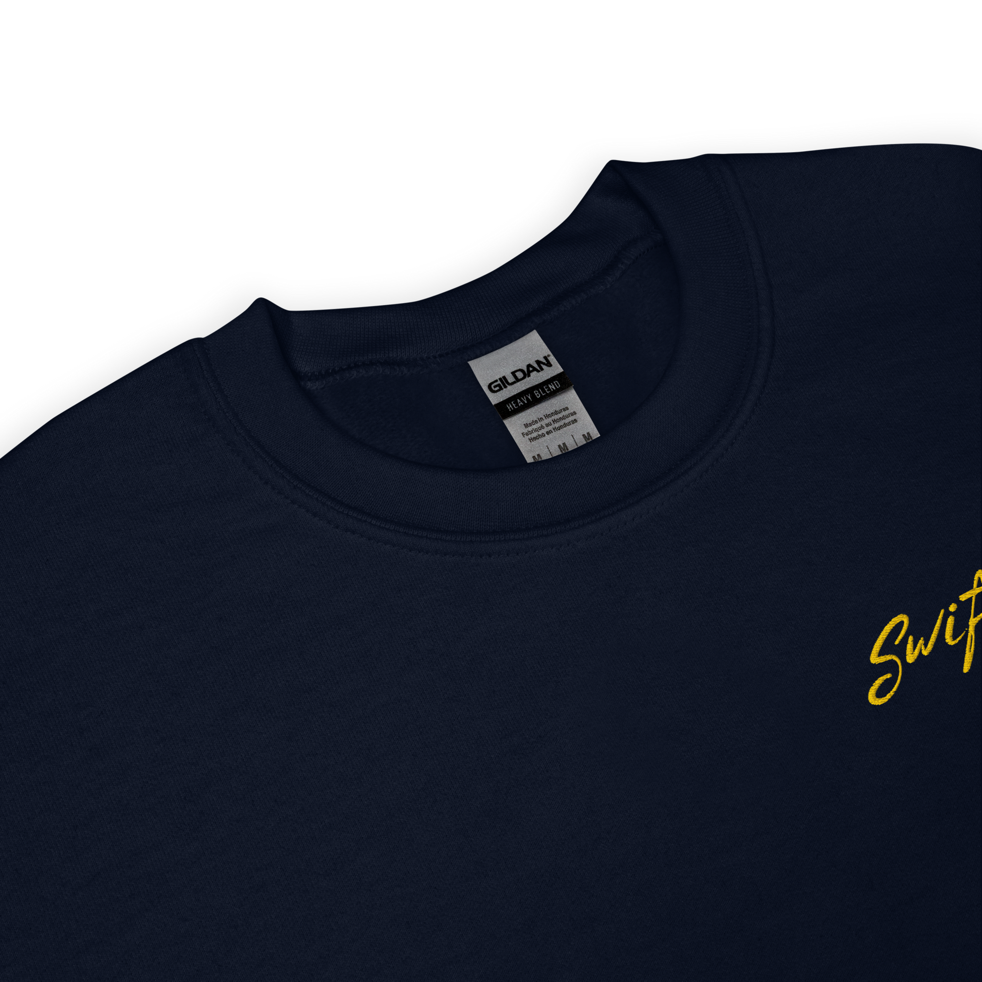 Navy blue crewneck sweatshirt with yellow “Swiftie” script and small guitar graphic on the chest, Taylor Swift inspired fan merch, cozy unisex pullover for concerts and everyday wear