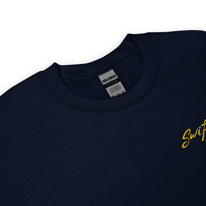 Navy blue crewneck sweatshirt with yellow “Swiftie” script and small guitar graphic on the chest, Taylor Swift inspired fan merch, cozy unisex pullover for concerts and everyday wear