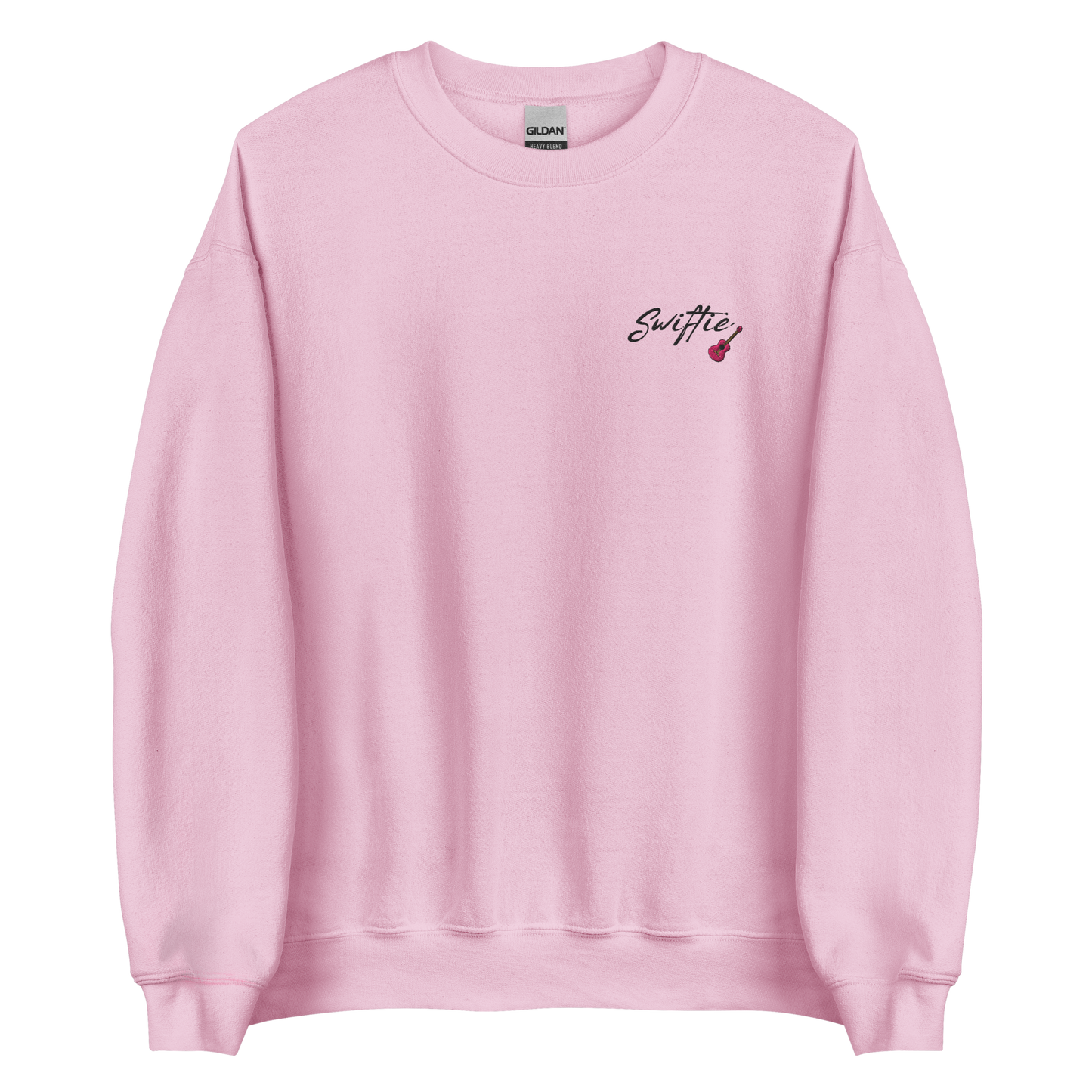 Pink crewneck sweatshirt with black “Swiftie” script and small guitar graphic on the chest, Taylor Swift inspired fan merch, cozy unisex pullover for concerts and everyday wear