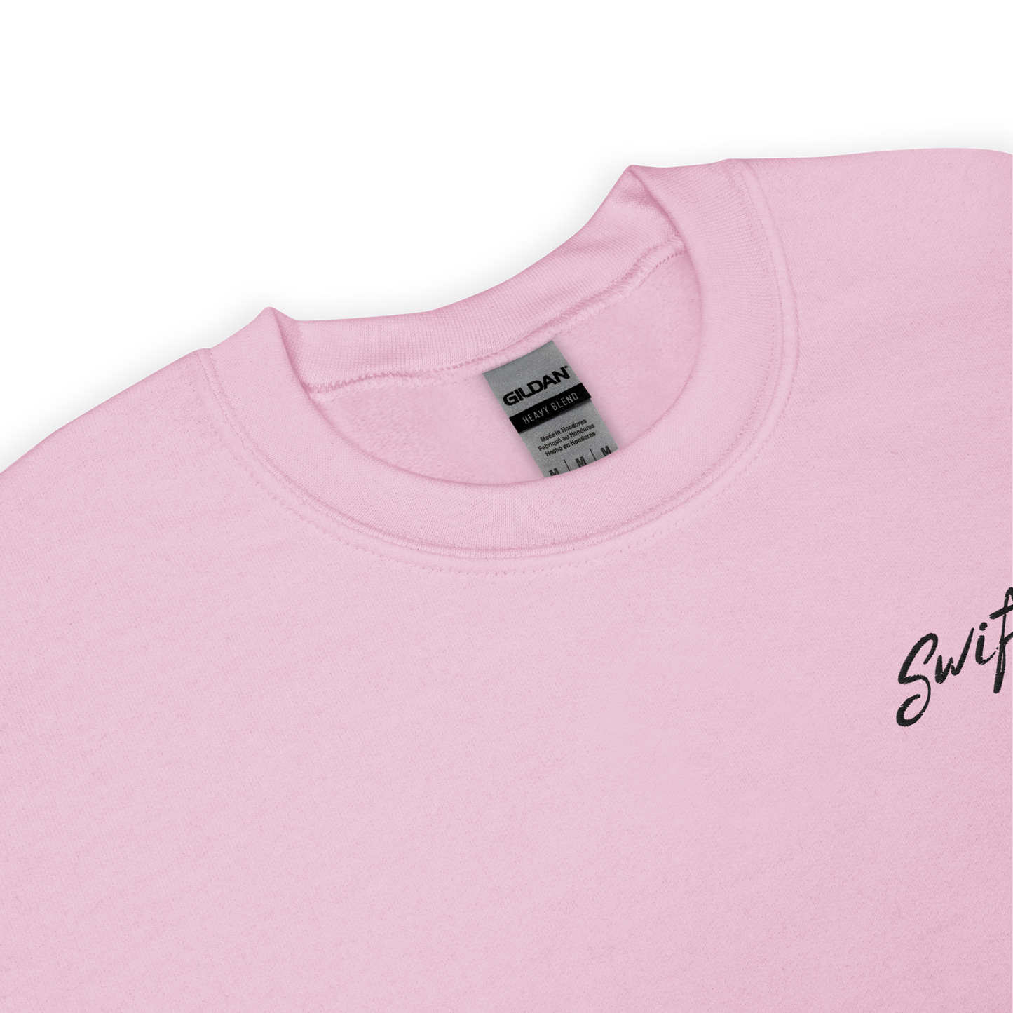 Pink crewneck sweatshirt with black “Swiftie” script and small guitar graphic on the chest, Taylor Swift inspired fan merch, cozy unisex pullover for concerts and everyday wear