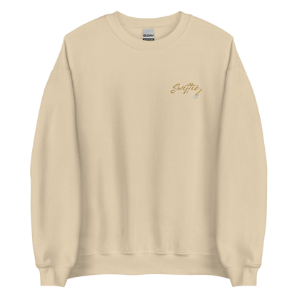 Sand crewneck sweatshirt with yellow “Swiftie” script and small guitar graphic on the chest, Taylor Swift inspired fan merch, cozy unisex pullover for concerts and everyday wear