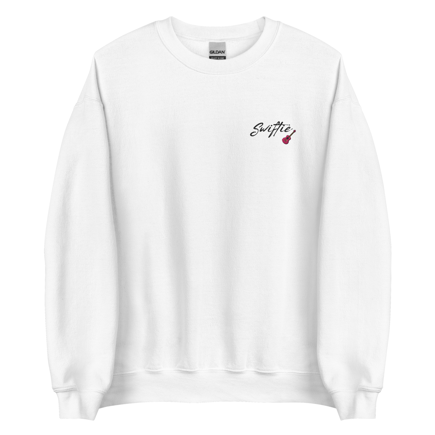 White crewneck sweatshirt with black “Swiftie” script and small guitar graphic on the chest, Taylor Swift inspired fan merch, cozy unisex pullover for concerts and everyday wear