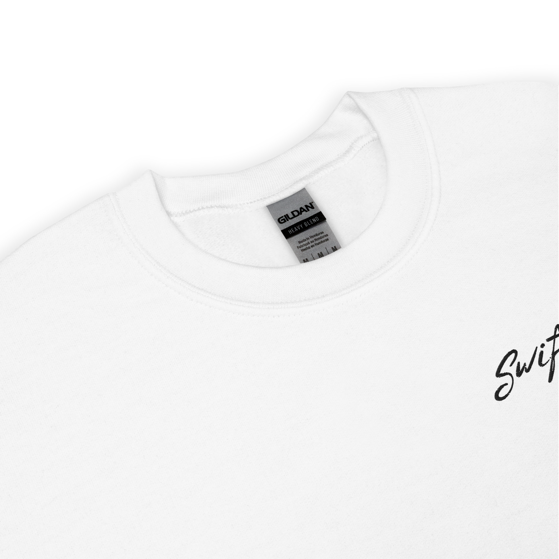 White crewneck sweatshirt with black “Swiftie” script and small guitar graphic on the chest, Taylor Swift inspired fan merch, cozy unisex pullover for concerts and everyday wear