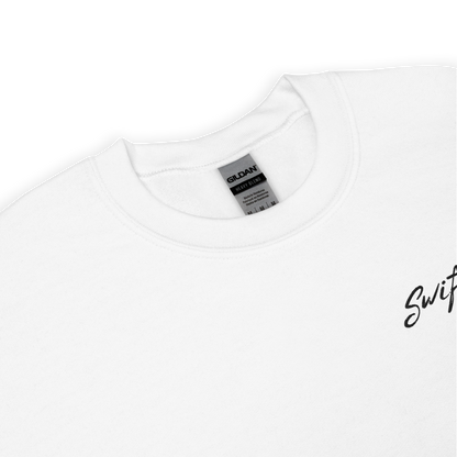 White crewneck sweatshirt with black “Swiftie” script and small guitar graphic on the chest, Taylor Swift inspired fan merch, cozy unisex pullover for concerts and everyday wear