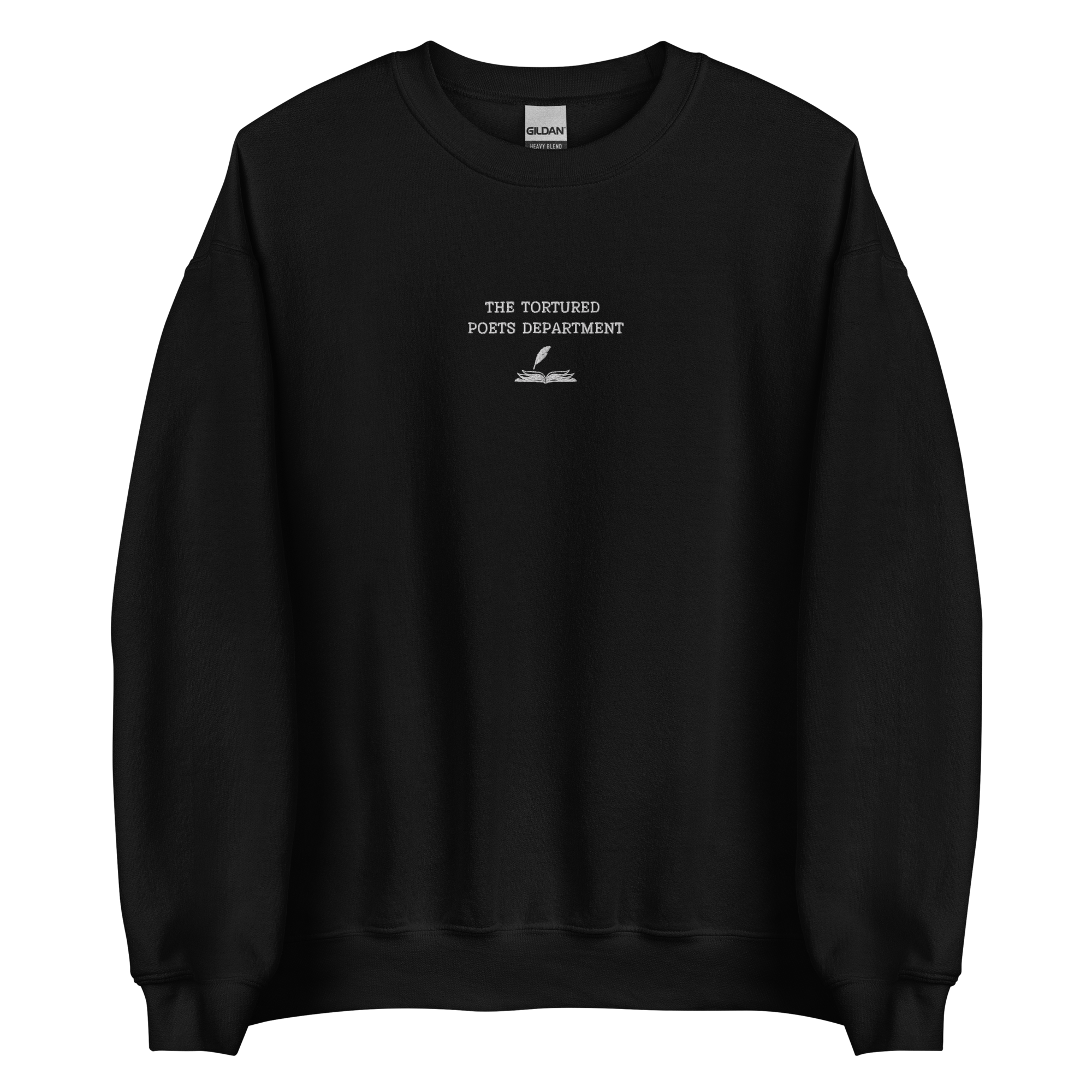 Black The Tortured Poets Department sweatshirt inspired by Taylor Swift, featuring minimalist white text and typewriter graphic on a cozy crewneck pullover, dark academia aesthetic music merch