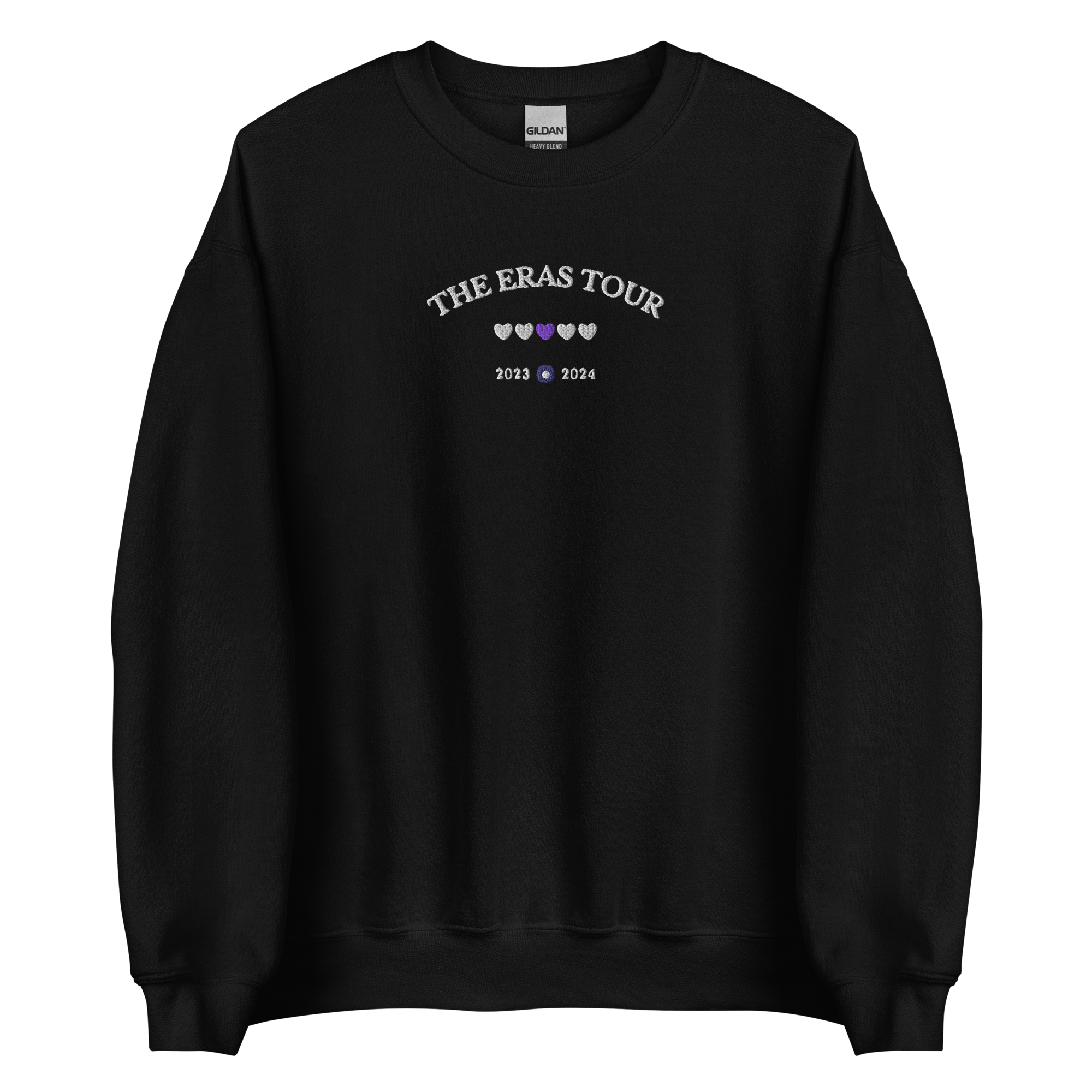 Black Taylor Swift Eras Tour sweatshirt featuring “The Eras Tour” graphic with heart icons and 2023–2024 dates, inspired by Taylor Swift’s record-breaking tour. Unisex oversized crewneck, perfect for Swifties, concert outfits, and official Eras Tour merch style looks