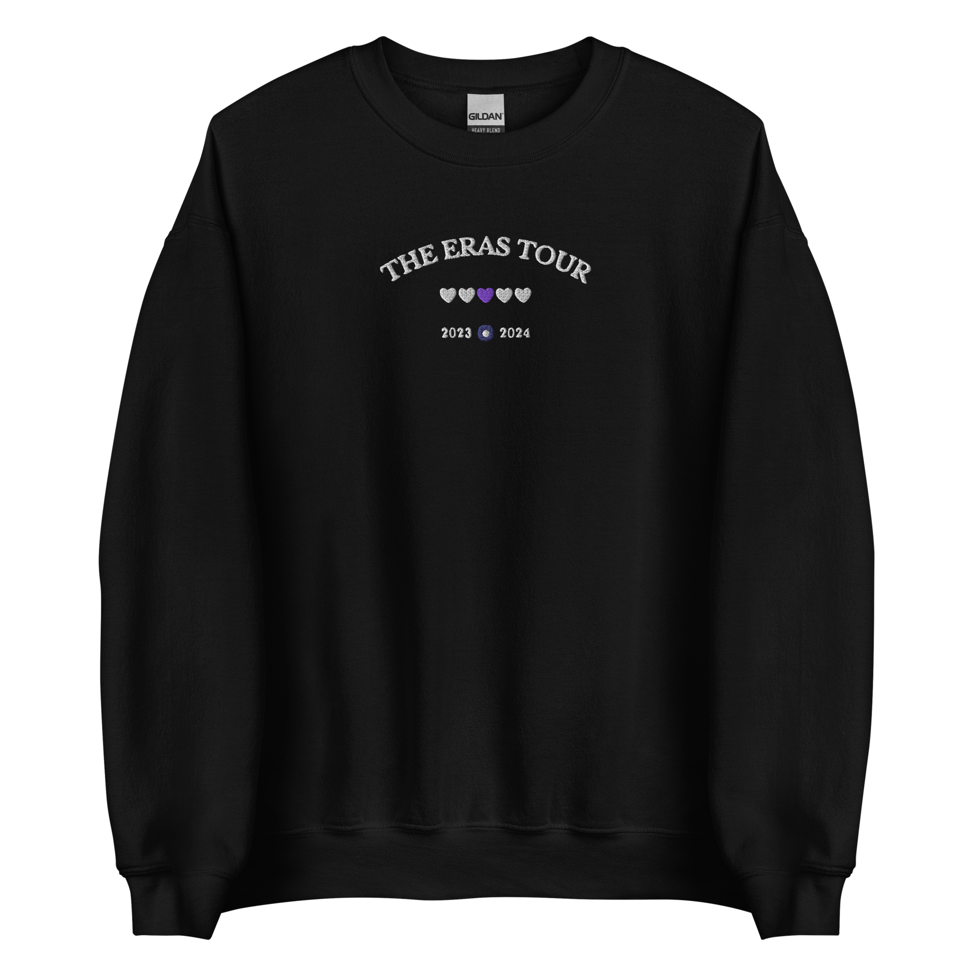 Black Taylor Swift Eras Tour sweatshirt featuring “The Eras Tour” graphic with heart icons and 2023–2024 dates, inspired by Taylor Swift’s record-breaking tour. Unisex oversized crewneck, perfect for Swifties, concert outfits, and official Eras Tour merch style looks
