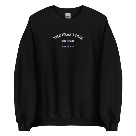 Black Taylor Swift Eras Tour sweatshirt featuring “The Eras Tour” graphic with heart icons and 2023–2024 dates, inspired by Taylor Swift’s record-breaking tour. Unisex oversized crewneck, perfect for Swifties, concert outfits, and official Eras Tour merch style looks