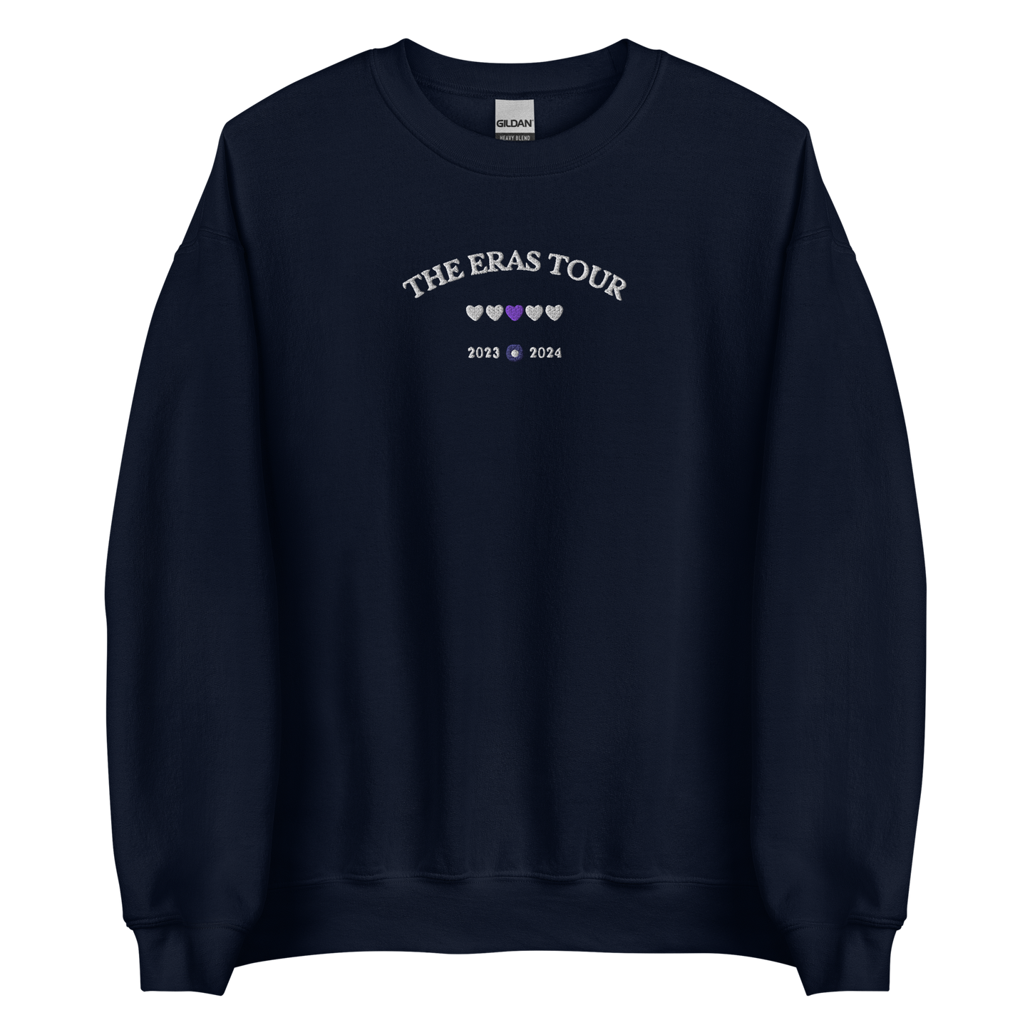 Navy Taylor Swift Eras Tour sweatshirt featuring “The Eras Tour” graphic with heart icons and 2023–2024 dates, inspired by Taylor Swift’s record-breaking tour. Unisex oversized crewneck, perfect for Swifties, concert outfits, and official Eras Tour merch style looks
