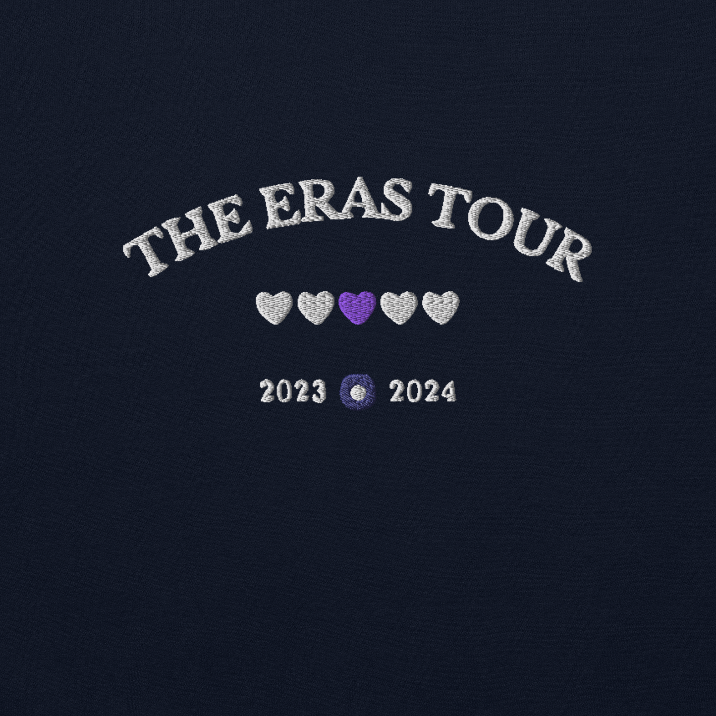 Navy Taylor Swift Eras Tour sweatshirt featuring “The Eras Tour” graphic with heart icons and 2023–2024 dates, inspired by Taylor Swift’s record-breaking tour. Unisex oversized crewneck, perfect for Swifties, concert outfits, and official Eras Tour merch style looks