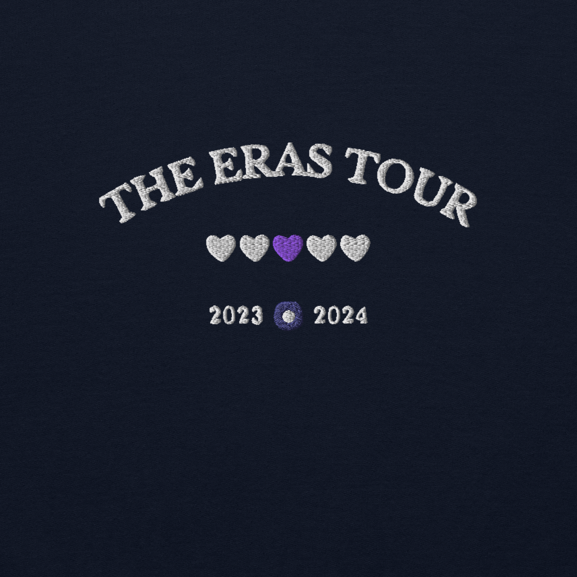 Navy Taylor Swift Eras Tour sweatshirt featuring “The Eras Tour” graphic with heart icons and 2023–2024 dates, inspired by Taylor Swift’s record-breaking tour. Unisex oversized crewneck, perfect for Swifties, concert outfits, and official Eras Tour merch style looks