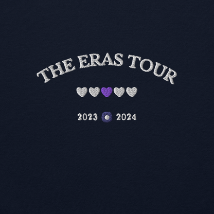 Navy Taylor Swift Eras Tour sweatshirt featuring “The Eras Tour” graphic with heart icons and 2023–2024 dates, inspired by Taylor Swift’s record-breaking tour. Unisex oversized crewneck, perfect for Swifties, concert outfits, and official Eras Tour merch style looks