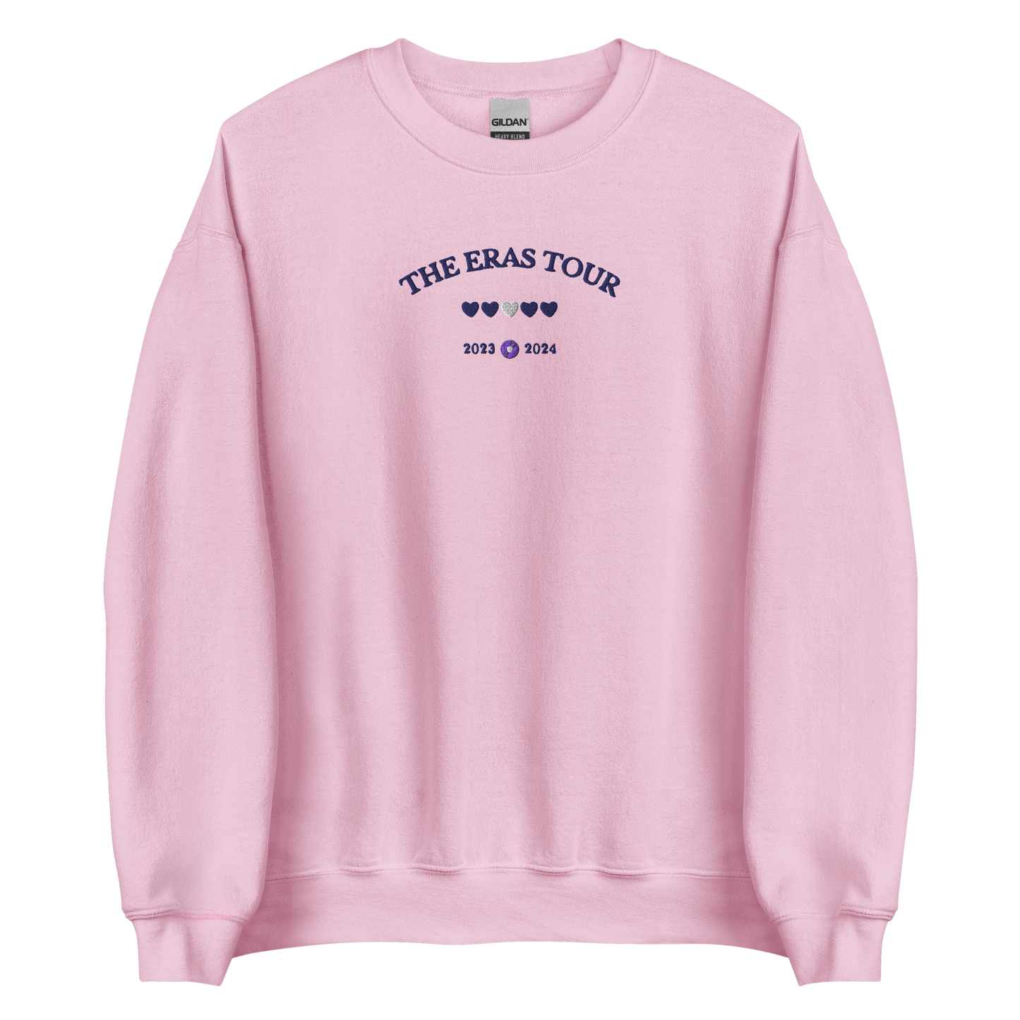 Pink Taylor Swift Eras Tour sweatshirt featuring “The Eras Tour” graphic with heart icons and 2023–2024 dates, inspired by Taylor Swift’s record-breaking tour. Unisex oversized crewneck, perfect for Swifties, concert outfits, and official Eras Tour merch style looks
