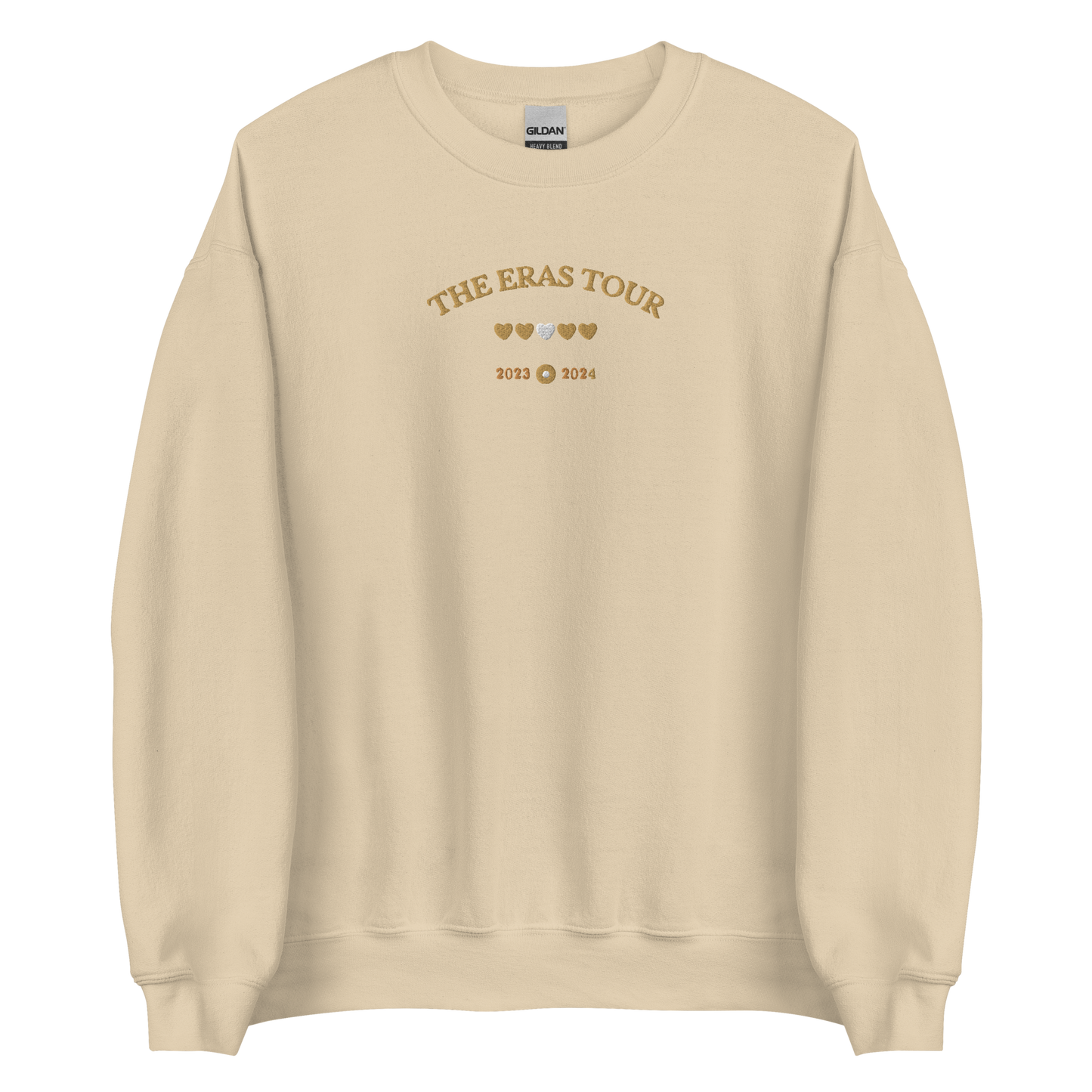 Sand Taylor Swift Eras Tour sweatshirt featuring “The Eras Tour” graphic with heart icons and 2023–2024 dates, inspired by Taylor Swift’s record-breaking tour. Unisex oversized crewneck, perfect for Swifties, concert outfits, and official Eras Tour merch style looks