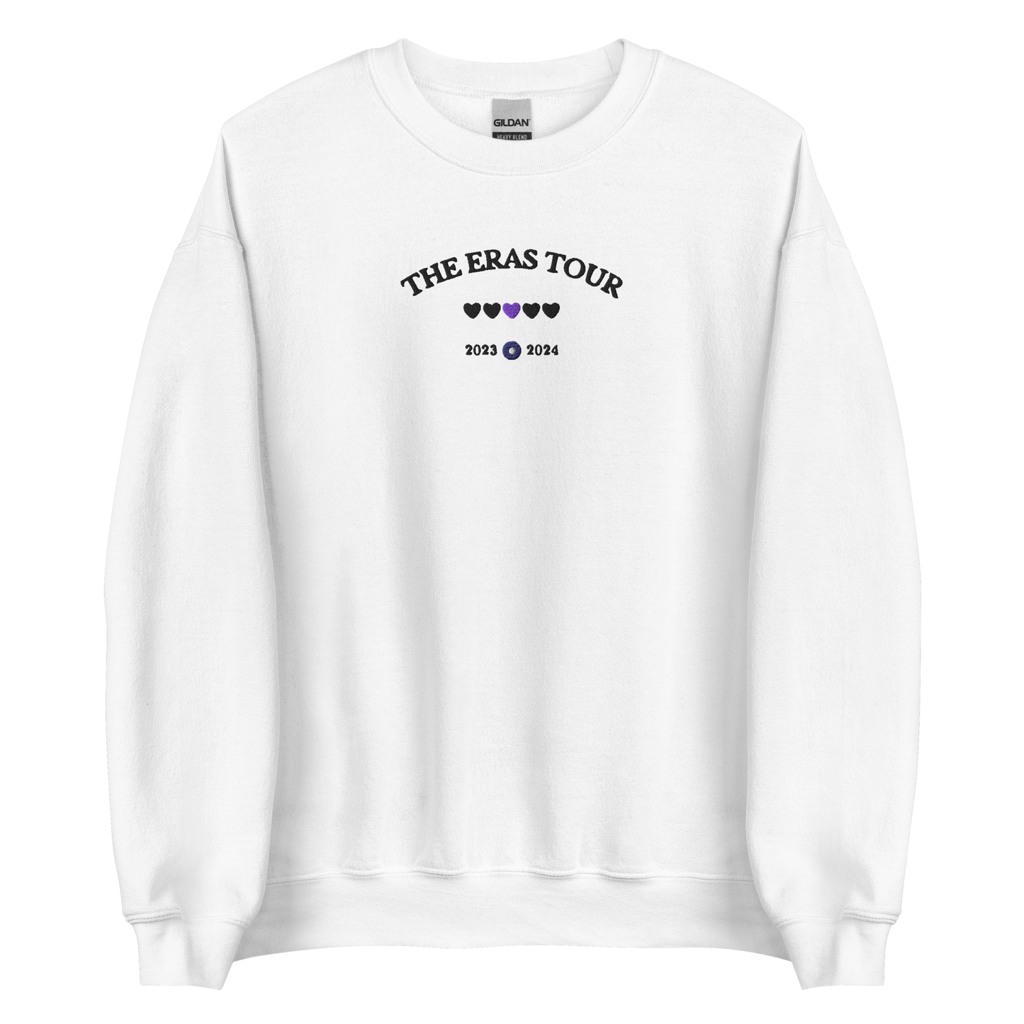 White Taylor Swift Eras Tour sweatshirt featuring “The Eras Tour” graphic with heart icons and 2023–2024 dates, inspired by Taylor Swift’s record-breaking tour. Unisex oversized crewneck, perfect for Swifties, concert outfits, and official Eras Tour merch style looks