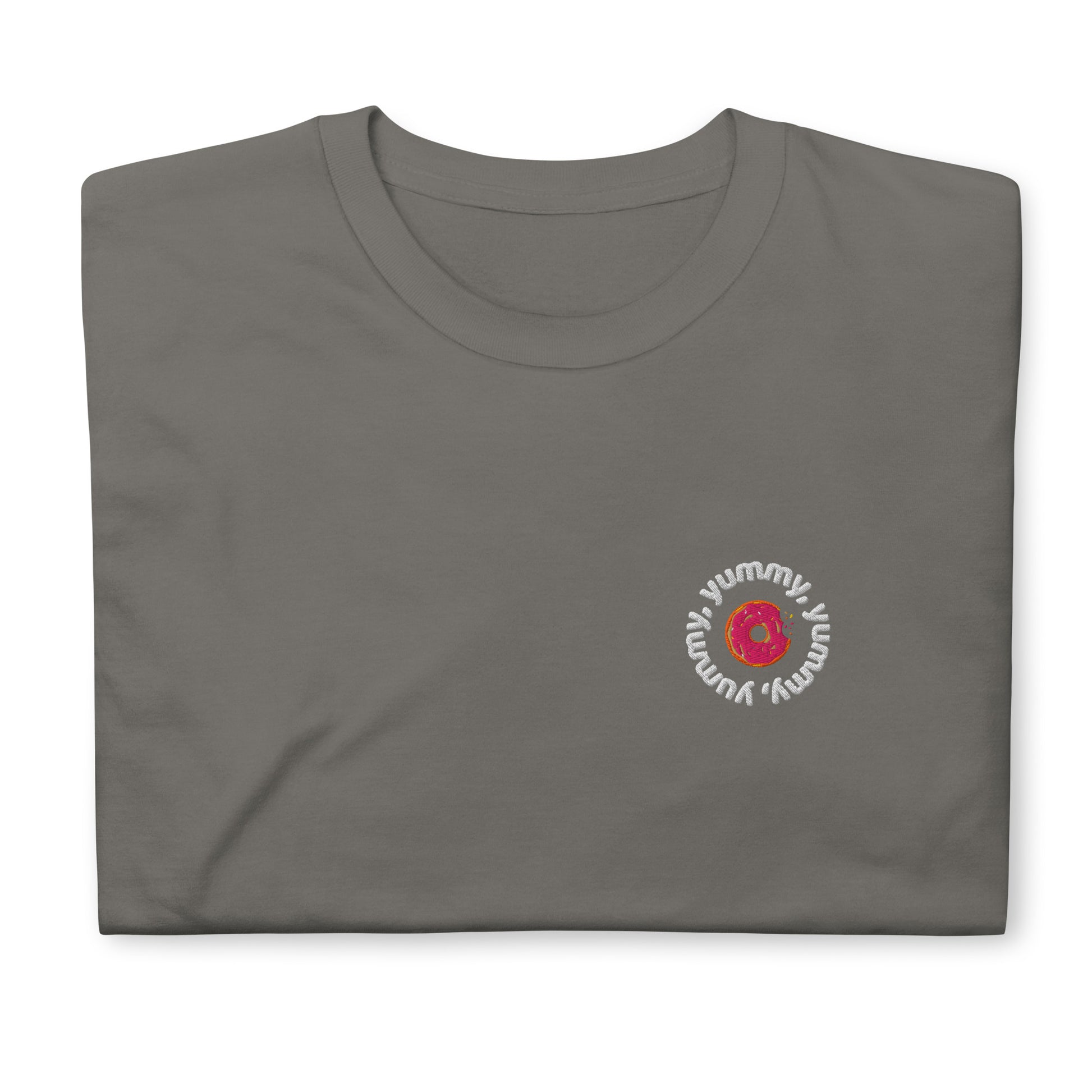 Charcoal Yummy T-shirt with embroidered design, featuring a playful tribute to Justin Bieber's hit song. The shirt offers a classic fit, perfect for casual outings or concerts, made from soft, high-quality fabric for comfort and style