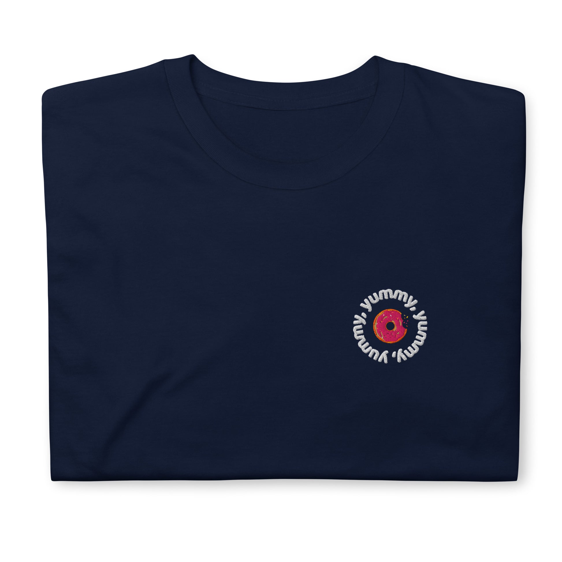 Navy Yummy T-shirt with embroidered design, featuring a playful tribute to Justin Bieber's hit song. The shirt offers a classic fit, perfect for casual outings or concerts, made from soft, high-quality fabric for comfort and style