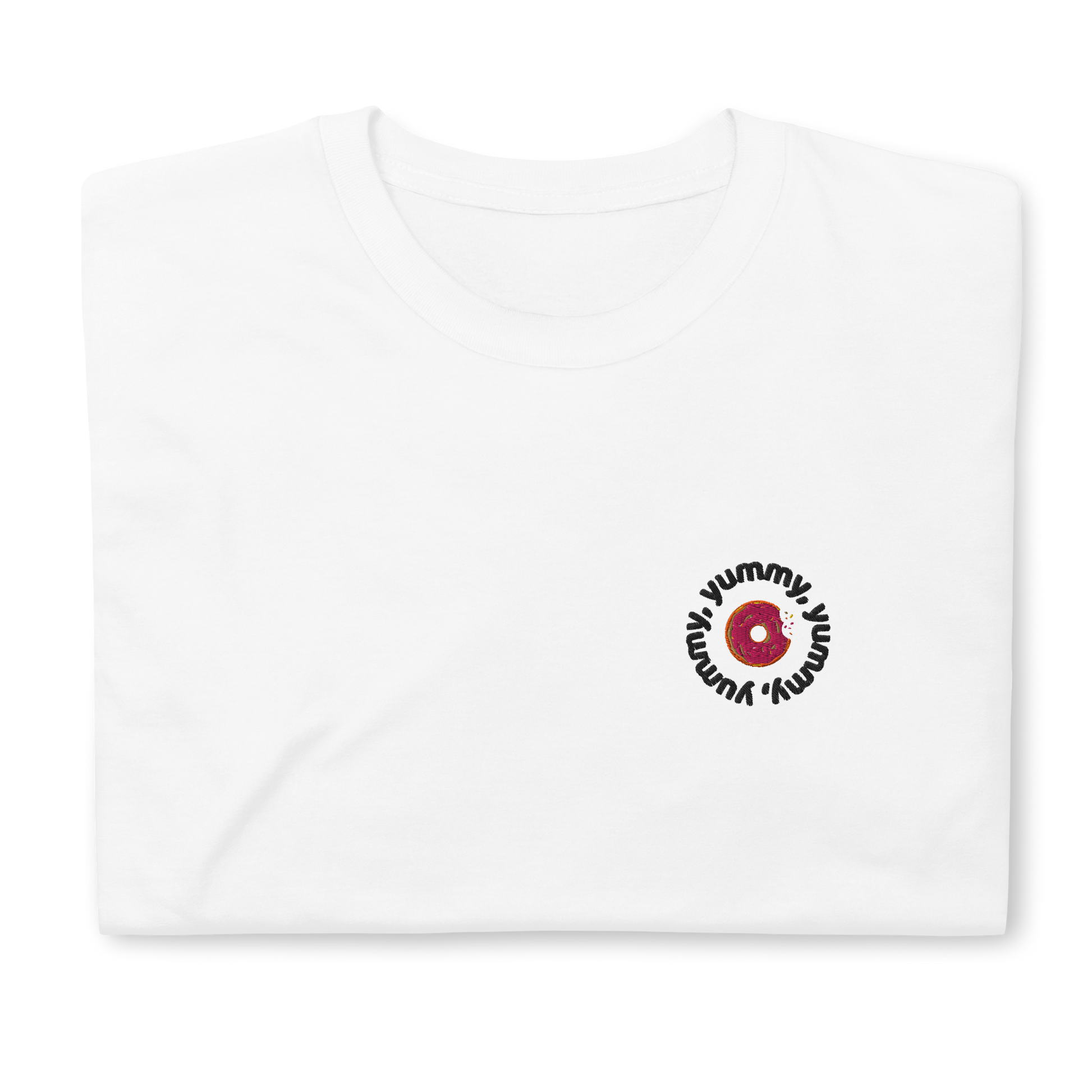 White Yummy T-shirt with embroidered design, featuring a playful tribute to Justin Bieber's hit song. The shirt offers a classic fit, perfect for casual outings or concerts, made from soft, high-quality fabric for comfort and style