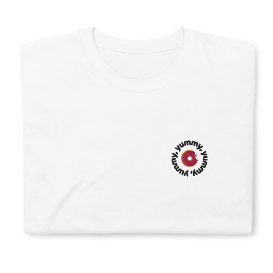 White Yummy T-shirt with embroidered design, featuring a playful tribute to Justin Bieber's hit song. The shirt offers a classic fit, perfect for casual outings or concerts, made from soft, high-quality fabric for comfort and style