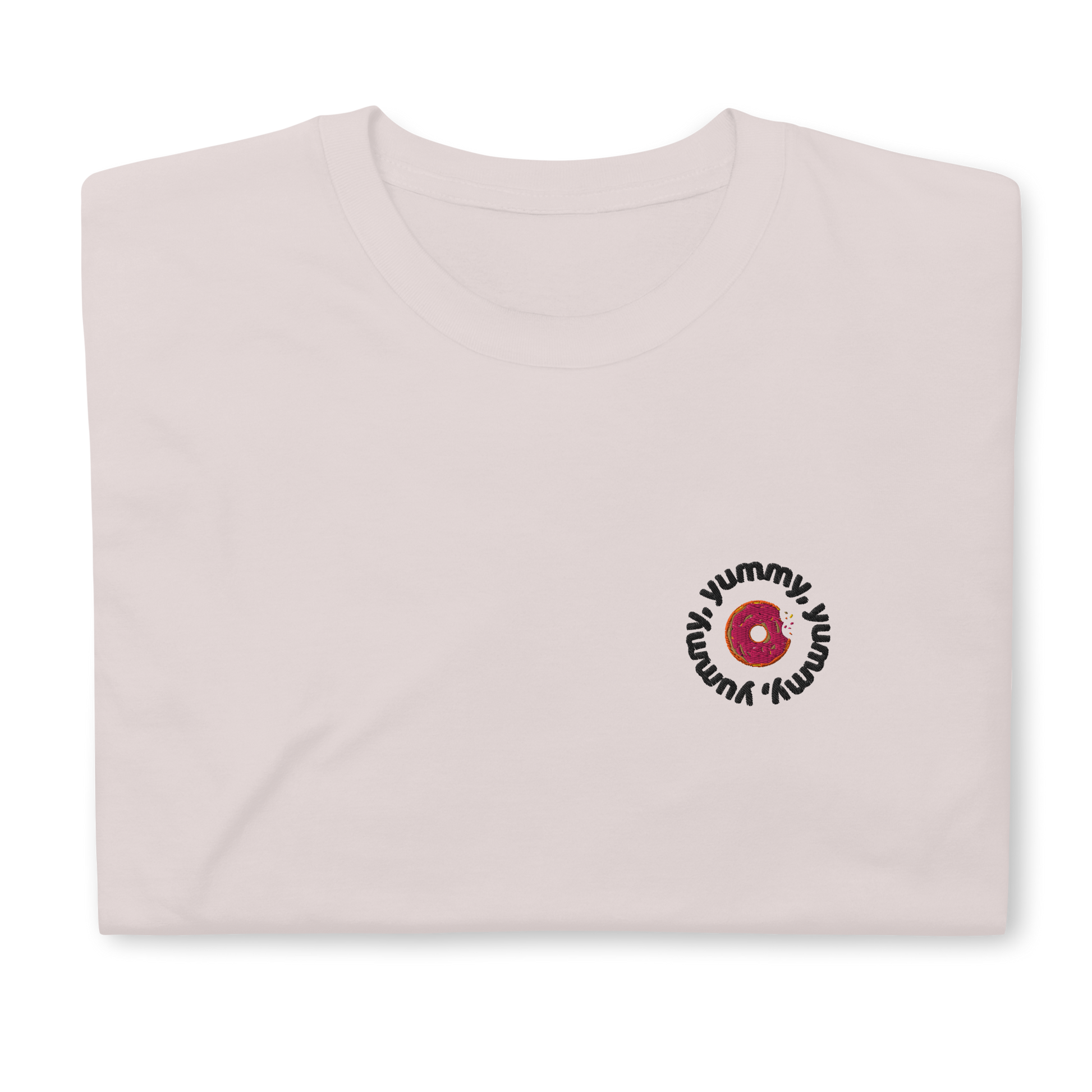 White Yummy T-shirt with embroidered design, featuring a playful tribute to Justin Bieber's hit song. The shirt offers a classic fit, perfect for casual outings or concerts, made from soft, high-quality fabric for comfort and style